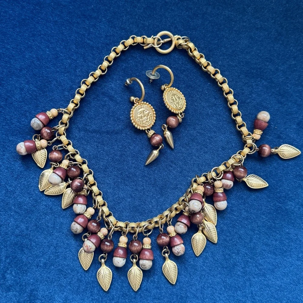 Vintage Gold pleated‎ Necklace and Earrings.